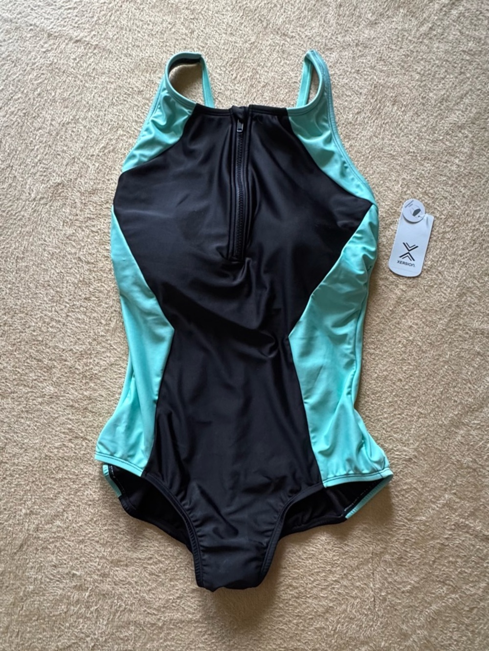 Xersion Black and Aqua One-Piece Swim Suit